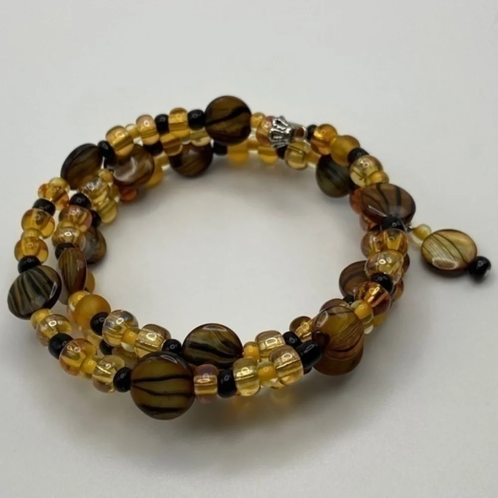 Memory‎ Wire Bracelet Gold Brown Black Beaded Wrap Around Boho Coil Bracelet